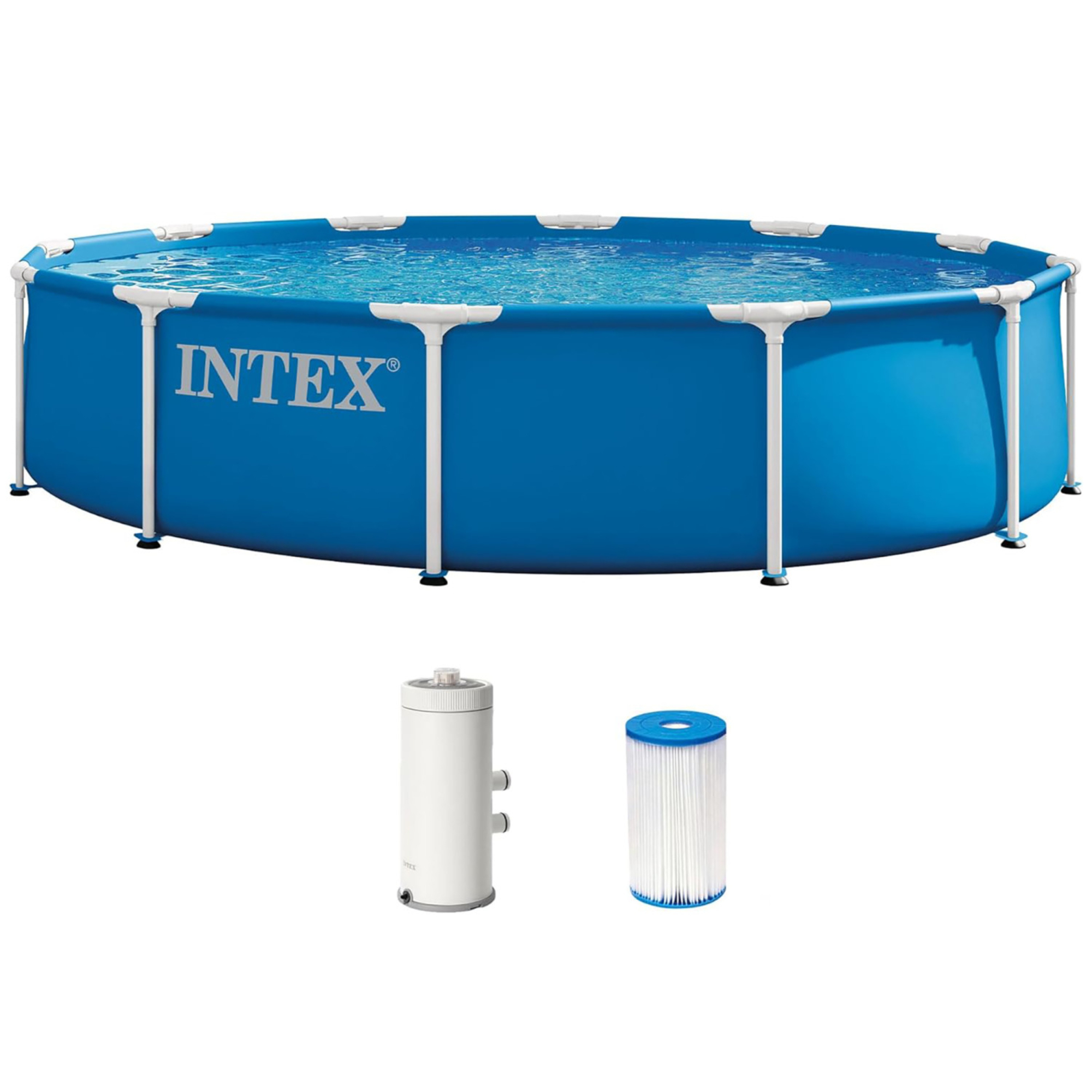 Intex Metal Frame Pool & Filter Pump, 12' x 30" Above Ground Swimming Set, 530 GPH, Puncture-Rust Resistant, Easy T-Joint Setup, 1718 Gal, 28211EP